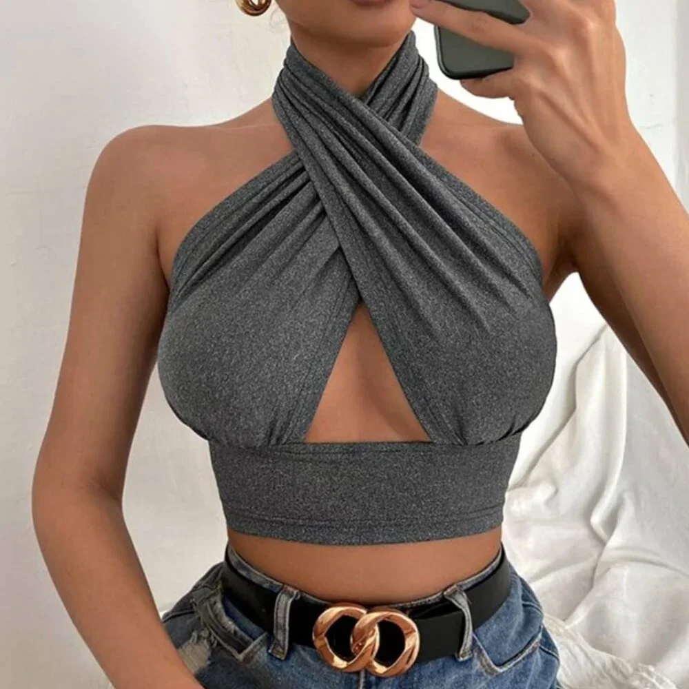 Grey Cross Halter Crop Top - Picture 2 of 5